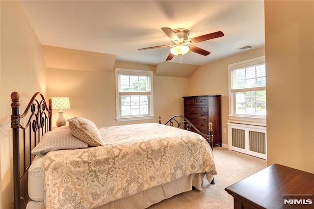 306 Boulevard, Pequannock Township, NJ 07444 - bedroom featuring radiator, carpet flooring, vaulted ceiling, and a ceiling fan