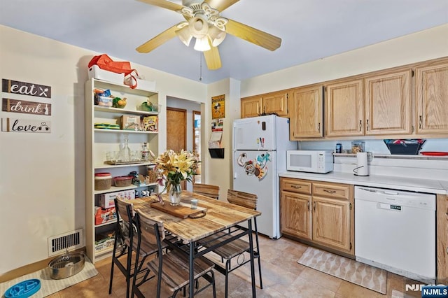 132 17th St, Prospect Park, NJ 07508 - kitchen with white appliances, a ceiling fan, light countertops, and open shelves
