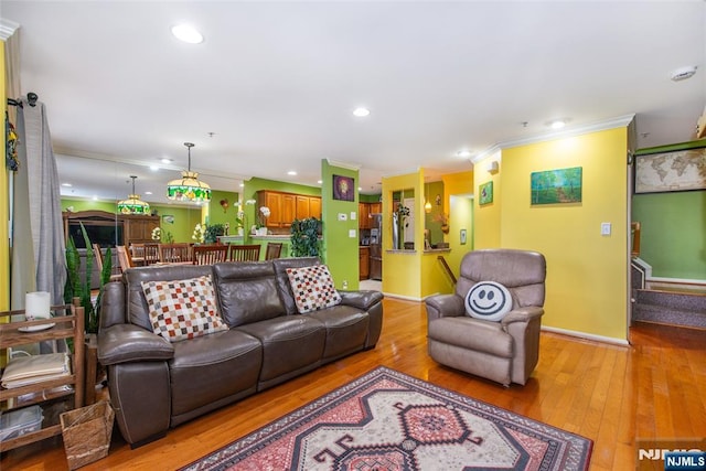 143 Summit Rdg, Pompton Lakes, NJ 07442 - living room with ornamental molding, light wood finished floors, and recessed lighting