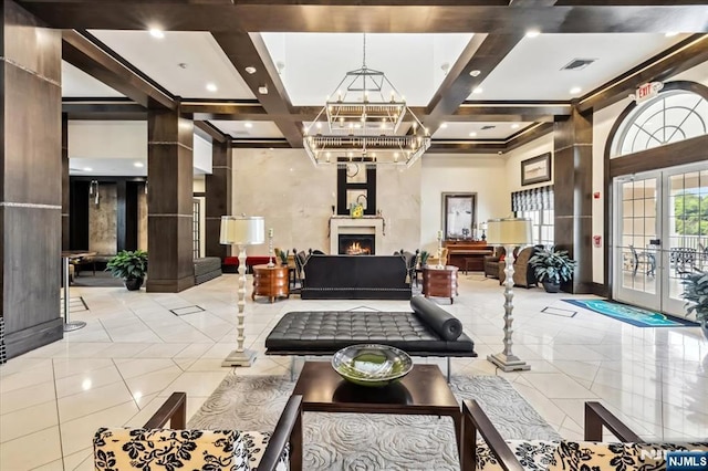 66 Spruce Ln, North Haledon, NJ 07508 - building lobby featuring coffered ceiling, beam ceiling, and recessed lighting