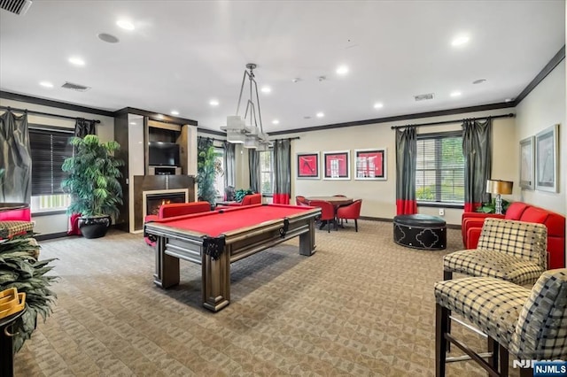 66 Spruce Ln, North Haledon, NJ 07508 - recreation room with crown molding, carpet floors, pool table, and recessed lighting