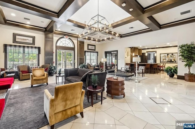 66 Spruce Ln, North Haledon, NJ 07508 - community lobby featuring coffered ceiling, beamed ceiling, a towering ceiling, and recessed lighting