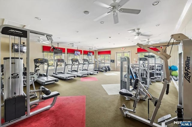 66 Spruce Ln, North Haledon, NJ 07508 - exercise room featuring ceiling fan, carpet floors, and recessed lighting