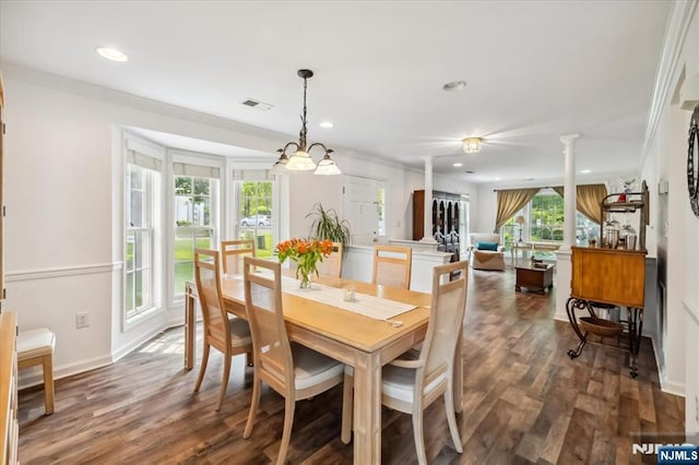 66 Spruce Ln, North Haledon, NJ 07508 - dining room featuring ornamental molding, wood finished floors, recessed lighting, and decorative columns