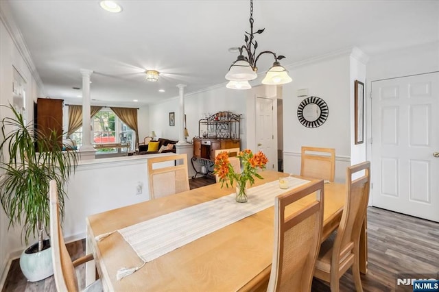 66 Spruce Ln, North Haledon, NJ 07508 - dining room featuring decorative columns, wood finished floors, crown molding, and recessed lighting