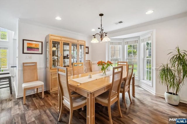66 Spruce Ln, North Haledon, NJ 07508 - dining space with ornamental molding, a chandelier, dark wood-type flooring, and recessed lighting