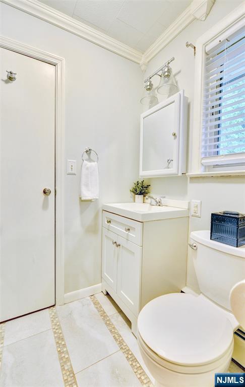 76 Central Ln, Secaucus, NJ 07094 - bathroom featuring vanity, ornamental molding, and a baseboard radiator