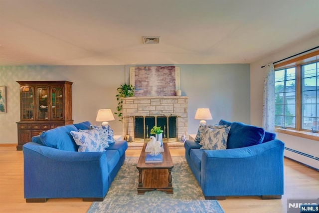 76 Central Ln, Secaucus, NJ 07094 - living area with wood finished floors, a fireplace, and baseboard heating