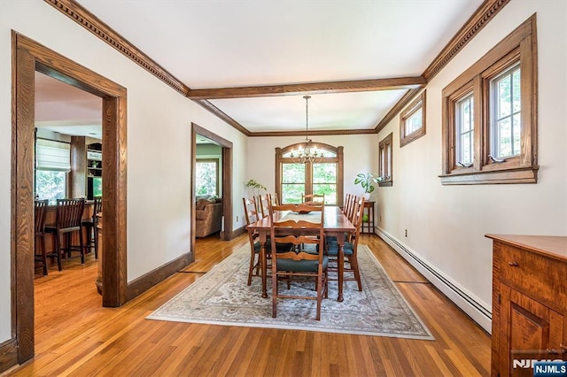 34 Harding Rd, Glen Rock, NJ 07452 - dining space featuring baseboard heating, a chandelier, light wood-type flooring, beamed ceiling, and crown molding