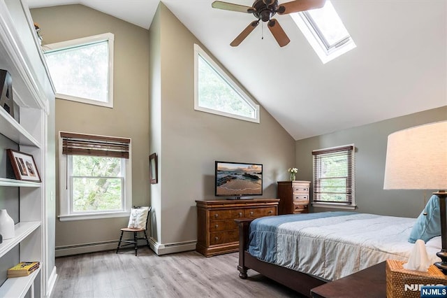 34 Harding Rd, Glen Rock, NJ 07452 - bedroom with high vaulted ceiling, wood finished floors, a skylight, a baseboard radiator, and ceiling fan