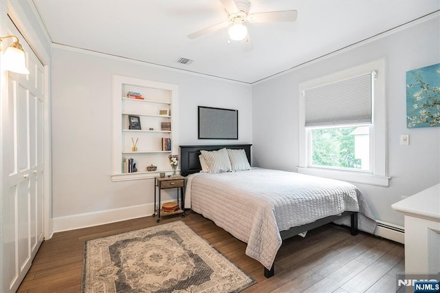 34 Harding Rd, Glen Rock, NJ 07452 - bedroom with wood finished floors, ceiling fan, a closet, ornamental molding, and a baseboard radiator