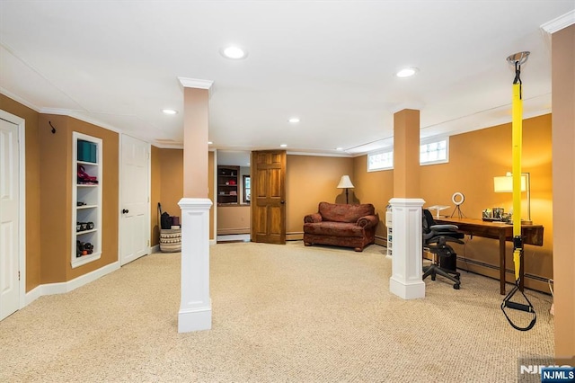 34 Harding Rd, Glen Rock, NJ 07452 - carpeted home office with recessed lighting, ornamental molding, baseboard heating, and built in shelves