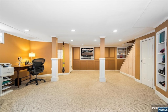 34 Harding Rd, Glen Rock, NJ 07452 - office with light carpet, recessed lighting, crown molding, and built in shelves