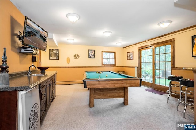 34 Harding Rd, Glen Rock, NJ 07452 - rec room featuring light carpet, billiards, wet bar, baseboard heating, and wainscoting