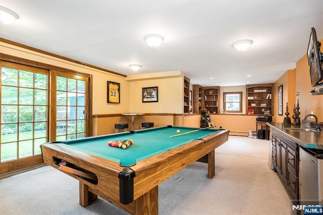 34 Harding Rd, Glen Rock, NJ 07452 - recreation room featuring light carpet, billiards, built in features, and baseboard heating