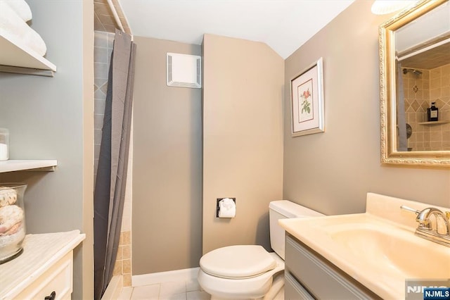 34 Harding Rd, Glen Rock, NJ 07452 - full bath with vanity, a shower with curtain, tile patterned floors, and vaulted ceiling