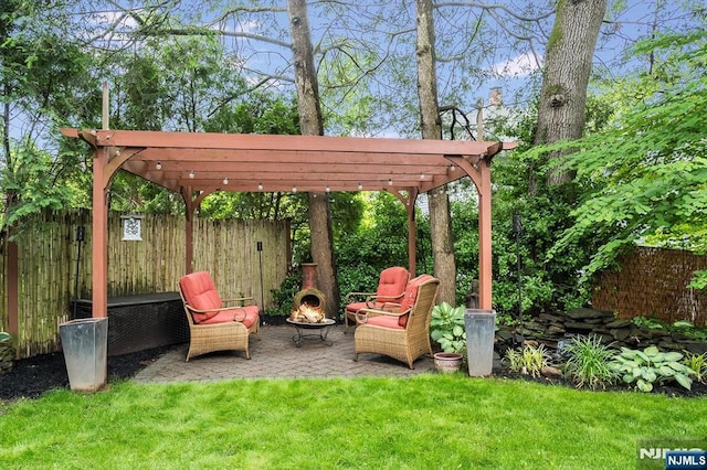34 Harding Rd, Glen Rock, NJ 07452 - view of patio featuring a pergola and an outdoor fire pit