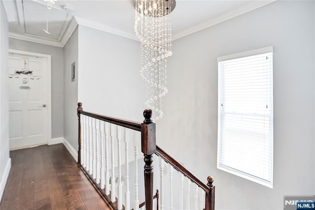 695 Midland Ave, Garfield, NJ 07026 - corridor featuring an upstairs landing, dark wood-style floors, a chandelier, ornamental molding, and attic access