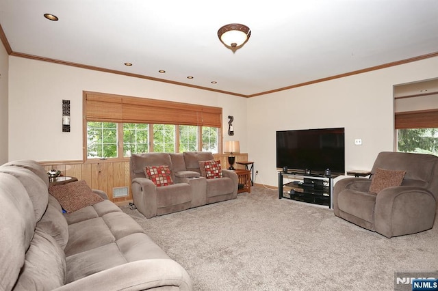 279 Rock Ave, Park Ridge, NJ 07656 - living room with ornamental molding, carpet, wainscoting, and recessed lighting