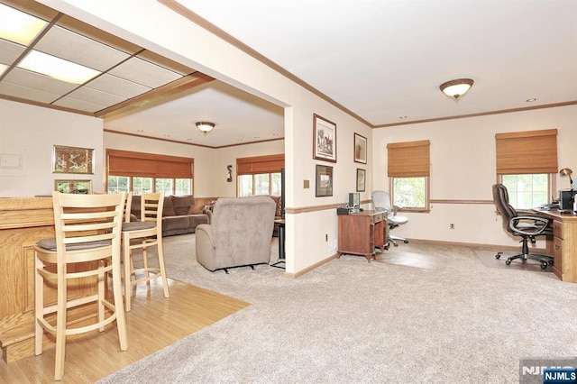 279 Rock Ave, Park Ridge, NJ 07656 - carpeted dining space with ornamental molding, an office area, and plenty of natural light