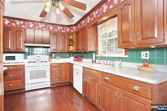 279 Rock Ave, Park Ridge, NJ 07656 - kitchen featuring white appliances, premium range hood, brown cabinets, light countertops, and crown molding