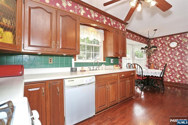 279 Rock Ave, Park Ridge, NJ 07656 - kitchen featuring dishwasher, wallpapered walls, crown molding, ceiling fan, and dark wood finished floors