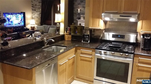 705 Mainsail Ln, Secaucus, NJ 07094 - kitchen with appliances with stainless steel finishes, under cabinet range hood, open floor plan, and dark stone counters
