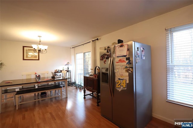 116 Scott Rd, Franklin, NJ 07416 - kitchen featuring stainless steel refrigerator with ice dispenser, a chandelier, and wood finished floors