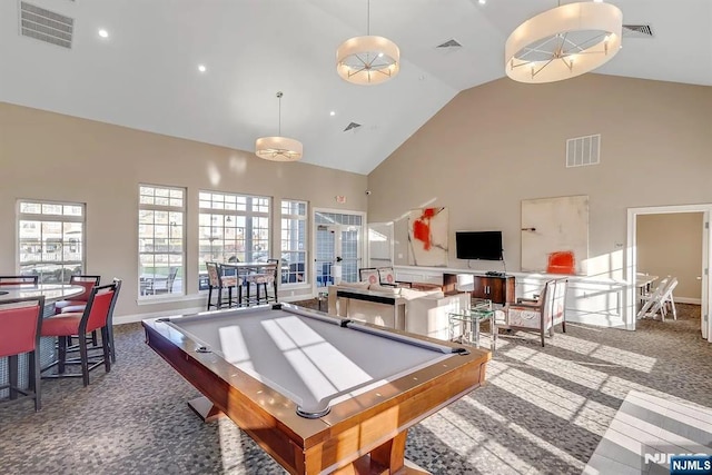23 Dahlia Ln Unit 23, Garfield, NJ 07026 - recreation room featuring high vaulted ceiling, carpet, pool table, and healthy amount of natural light