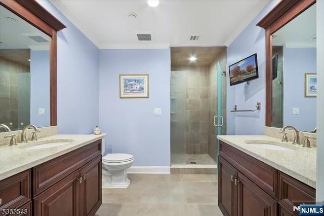 4 Lowell Ct Unit 704, Teaneck, NJ 07666 - full bathroom with two vanities, a stall shower, ornamental molding, tile patterned flooring, and recessed lighting