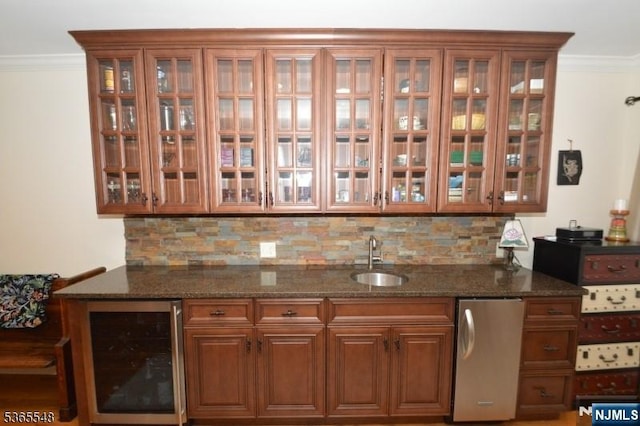 4 Lowell Ct Unit 704, Teaneck, NJ 07666 - indoor wet bar featuring refrigerator, crown molding, wine cooler, and tasteful backsplash
