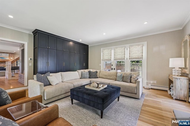 490 Ackerman Ave, Ho-Ho-Kus, NJ 07423 - living room featuring a baseboard heating unit, light wood-style floors, ornamental molding, recessed lighting, and stairs