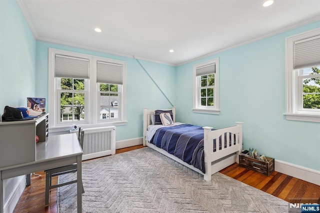 490 Ackerman Ave, Ho-Ho-Kus, NJ 07423 - bedroom with crown molding, radiator heating unit, multiple windows, wood finished floors, and recessed lighting