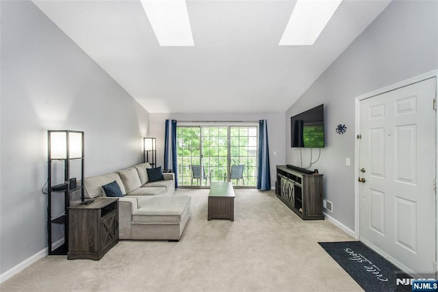 462 Poets Way, Mahwah, NJ 07430 - living room with lofted ceiling, a skylight, and light carpet