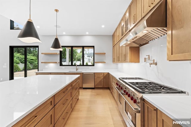 172 Birchwood, Old Tappan, NJ 07675 - kitchen with open shelves, under cabinet range hood, appliances with stainless steel finishes, light wood-type flooring, and recessed lighting