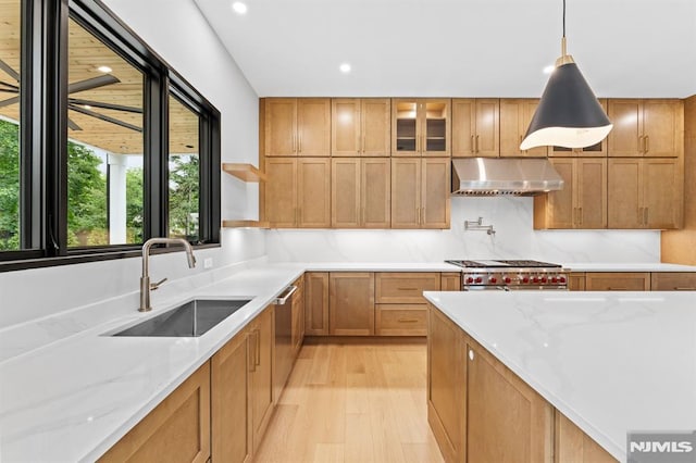 172 Birchwood, Old Tappan, NJ 07675 - kitchen with range hood, light wood-style floors, stainless steel dishwasher, open shelves, and recessed lighting