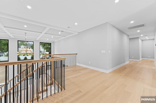 172 Birchwood, Old Tappan, NJ 07675 - corridor featuring an upstairs landing, recessed lighting, light wood finished floors, coffered ceiling, and a chandelier