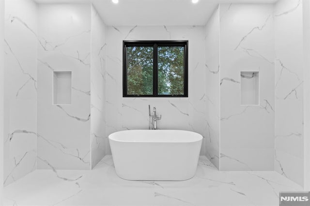 172 Birchwood, Old Tappan, NJ 07675 - full bathroom featuring marble tiled floors, a freestanding bath, and recessed lighting