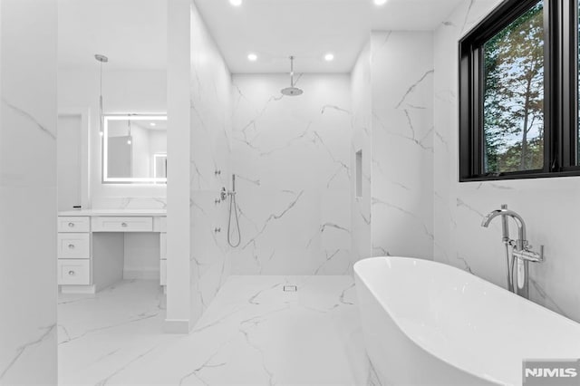 172 Birchwood, Old Tappan, NJ 07675 - bathroom featuring marble tiled floors, recessed lighting, a freestanding bath, vanity, and a marble finish shower