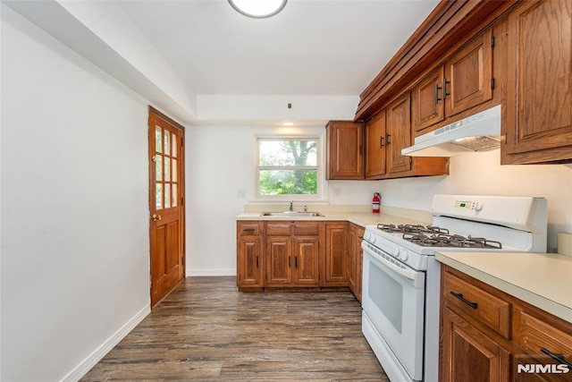 14 Van Wagoner Ave, Clifton, NJ 07013 - kitchen featuring white gas range oven, under cabinet range hood, brown cabinets, dark wood-style floors, and light countertops