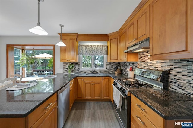 552 Godwin Ave, Midland Park, NJ 07432 - kitchen with stainless steel appliances, under cabinet range hood, light wood-style floors, decorative backsplash, and hanging light fixtures
