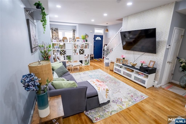 95 Mount Prospect Ave, Newark, NJ 07104 - living room featuring stairway, wood finished floors, and recessed lighting
