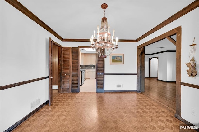0-04 Pine Ave, Fair Lawn, NJ 07410 - unfurnished dining area with crown molding and a chandelier