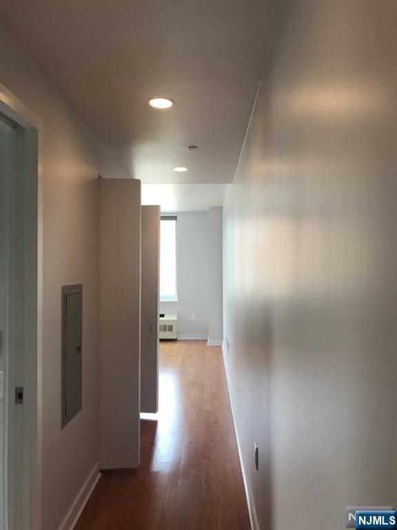 1611 Hudson Park Unit 1611, Edgewater, NJ 07020 - hall with electric panel, wood finished floors, and recessed lighting