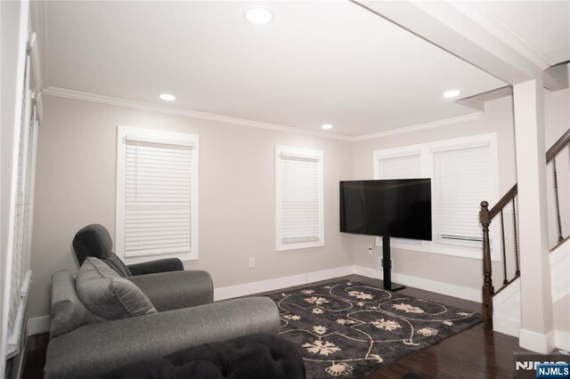 35 3rd Ave, Little Falls, NJ 07424 - living area featuring stairs, crown molding, wood finished floors, and recessed lighting