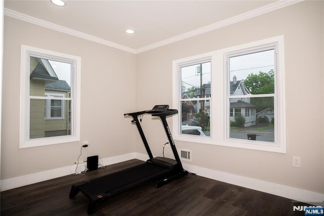 35 3rd Ave, Little Falls, NJ 07424 - workout room with crown molding, dark wood-style flooring, and recessed lighting