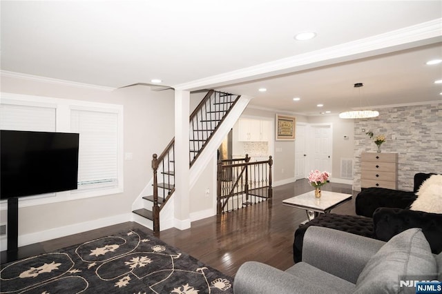 35 3rd Ave, Little Falls, NJ 07424 - living room featuring wood finished floors, stairway, crown molding, and recessed lighting