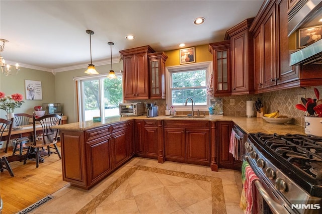 218 Evergreen St, Hillsdale, NJ 07642 - kitchen with appliances with stainless steel finishes, a peninsula, hanging light fixtures, glass insert cabinets, and light stone countertops