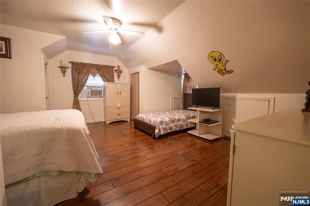 72 N Dr, Rochelle Park, NJ 07662 - bedroom featuring dark wood finished floors, cooling unit, vaulted ceiling, and ceiling fan