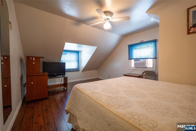 72 N Dr, Rochelle Park, NJ 07662 - bedroom with dark wood-type flooring, lofted ceiling, multiple windows, cooling unit, and ceiling fan